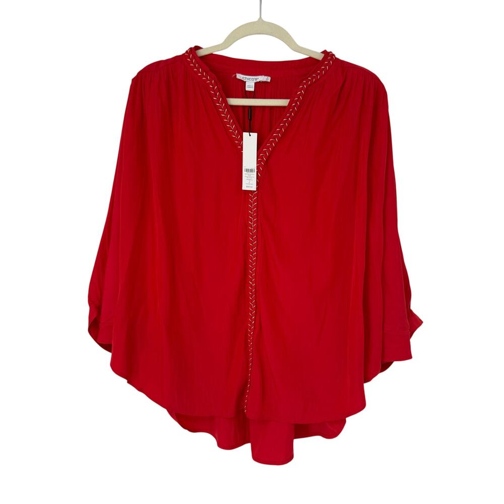 Chico’s Braided Batwing Blouse Red Gold Trim 3/4 Sleeve Size 2 NWT
